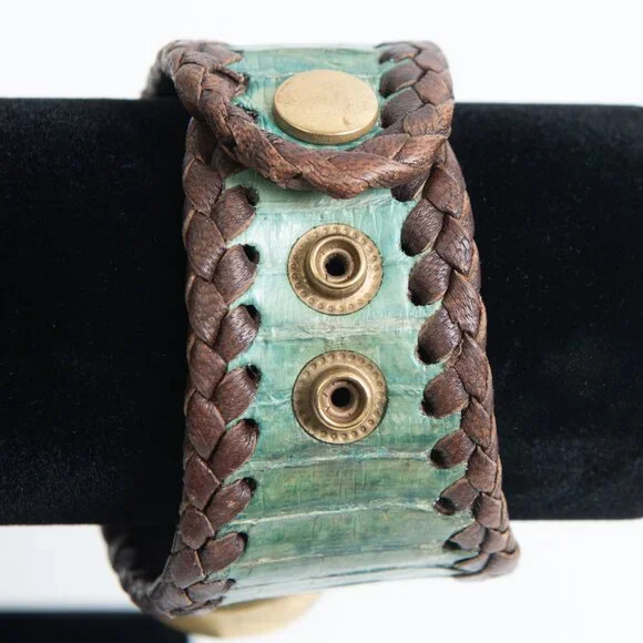 Starborn Ammonite Leather Cuff Bracelet Adjustable Statement Green Brown - Picture 5 of 11